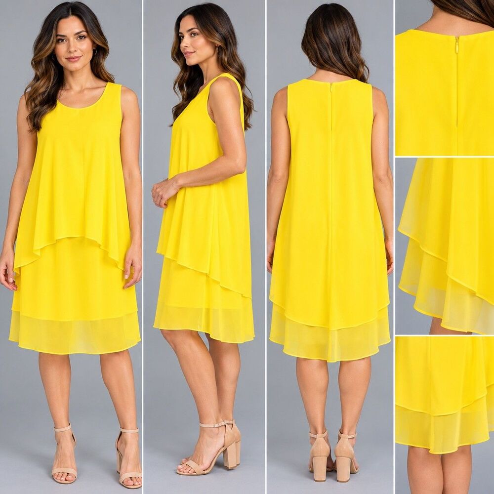 Lauren Ralph Lauren Yellow Chiffon Shift Dress Scoop Neck Lined Knee Sz 18